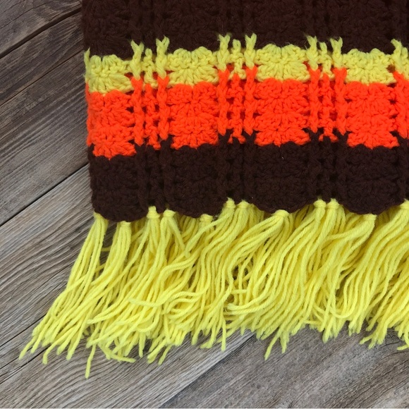 Vintage 1970s Striped Crochet Afghan Blanket with Fringe - Picture 3 of 5